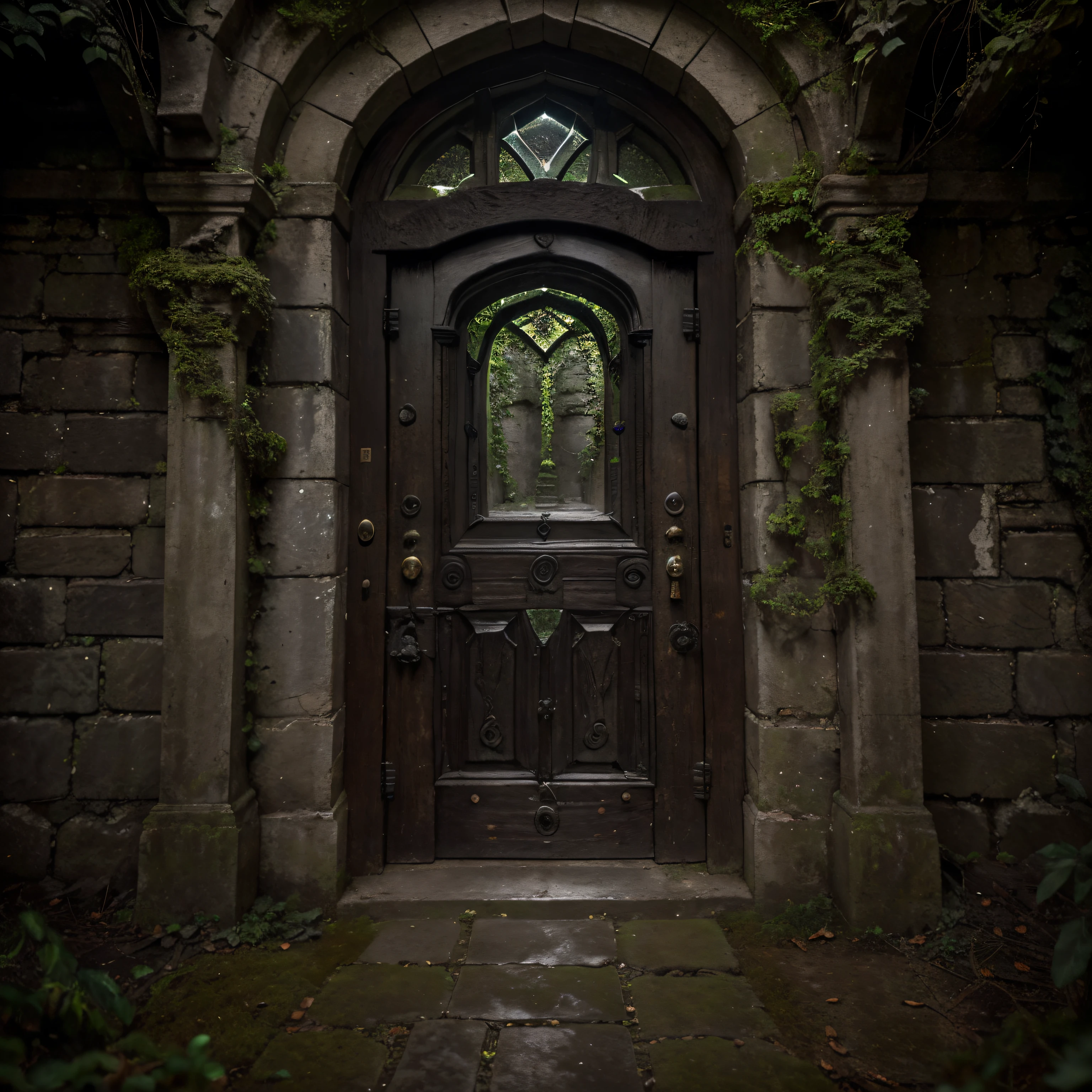 best quality,4k,8k,highres,masterpiece:1.2,ultra-detailed,(realistic,photorealistic,photo-realistic:1.37),dark and gloomy,ancient stone texture,engraved patterns,ominous atmosphere,creepy vines creeping across the walls,light shining through the cracks,shadows playing on the ground,haunting silence,magic aura surrounding the doorway,lost and forgotten secrets,darkened path leading into the unknown,whispers of hidden treasures,entrance to another world,thick moss covering the ground,mysterious symbols carved into the door,ancient protection spells,soft glow illuminating the surrounding foliage,mystical energy pulsating from the doorway,majestic pillars framing the entrance,overgrown ivy crawling up the sides,crumbling bricks revealing the passage of time,distant echoes of forgotten stories,enchanted door handle beckoning the curious,ethereal mist swirling around the entrance,sense of anticipation and curiosity,faint scent of adventure and mystery,enchanted realm waiting to be discovered,journey into the depths of imagination,stepping into the realm of the unknown, closed door.