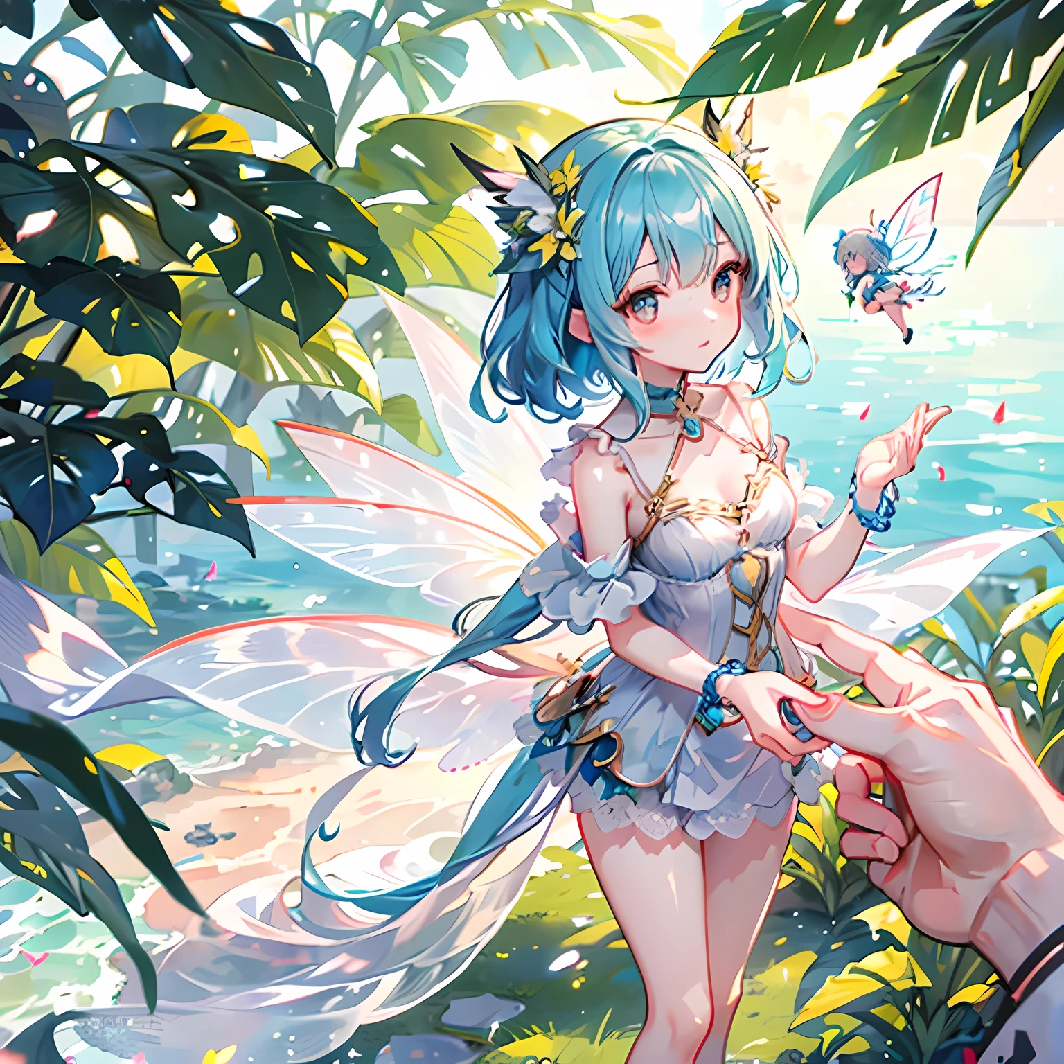 Small fairy girl standing in the palm of a human girl’s hand. Small pretty wings on fairy.