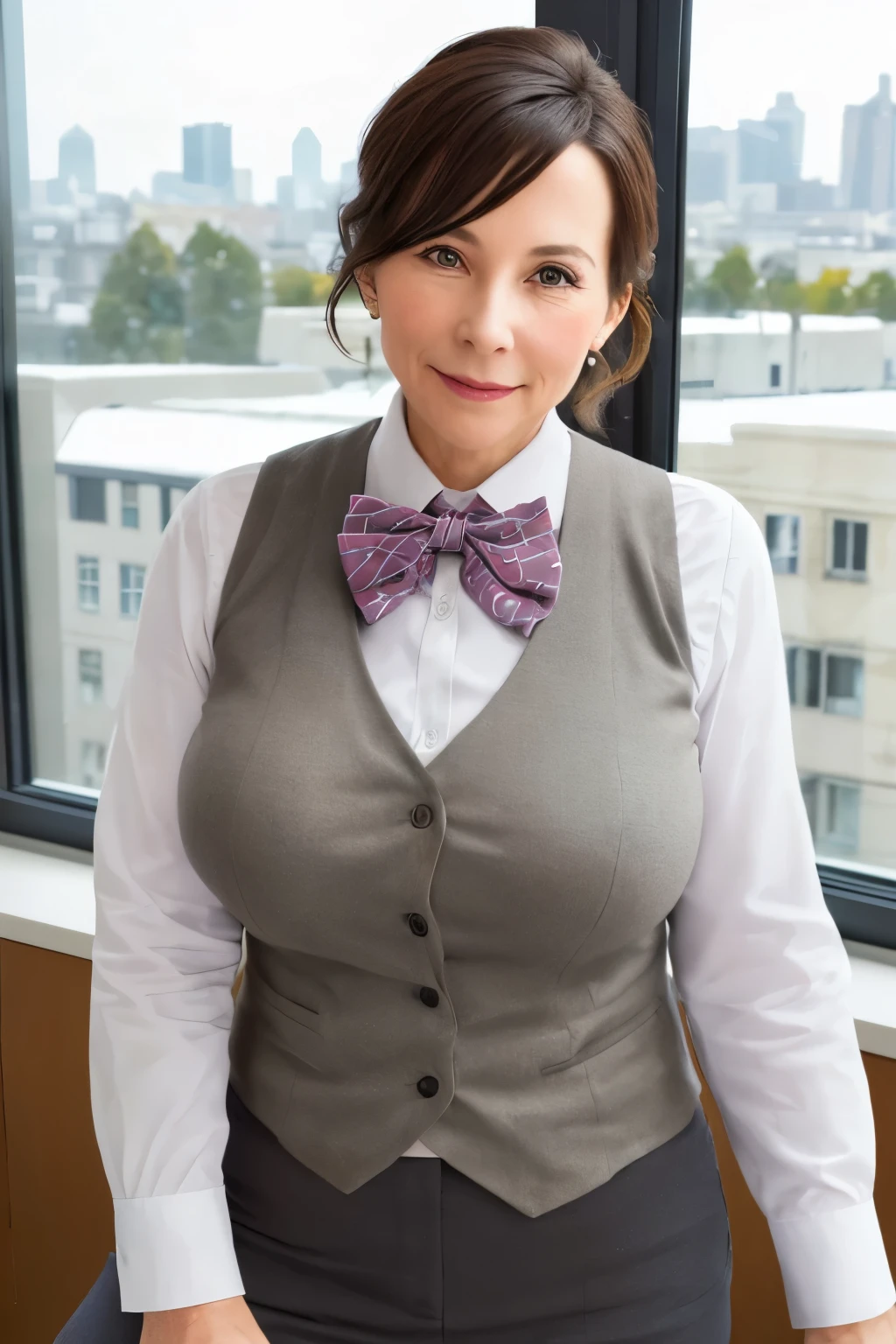 1 girl, mature woman, vest, bow, photograph, realistic, highest quality, hire, detailed face, office, building from the window, detailed background, big breasts, shaved pussy,