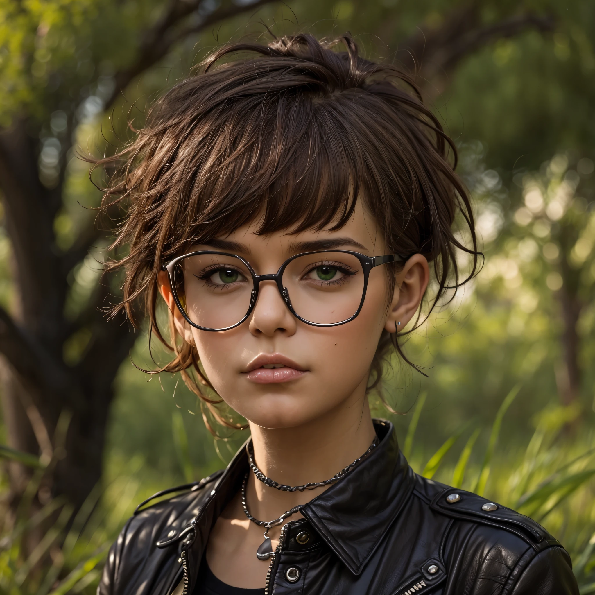 punk girl wearing glasses and a dark shirt, blurred green grass and trees in the background, short brown hair, detailed face, high quality, high resolution