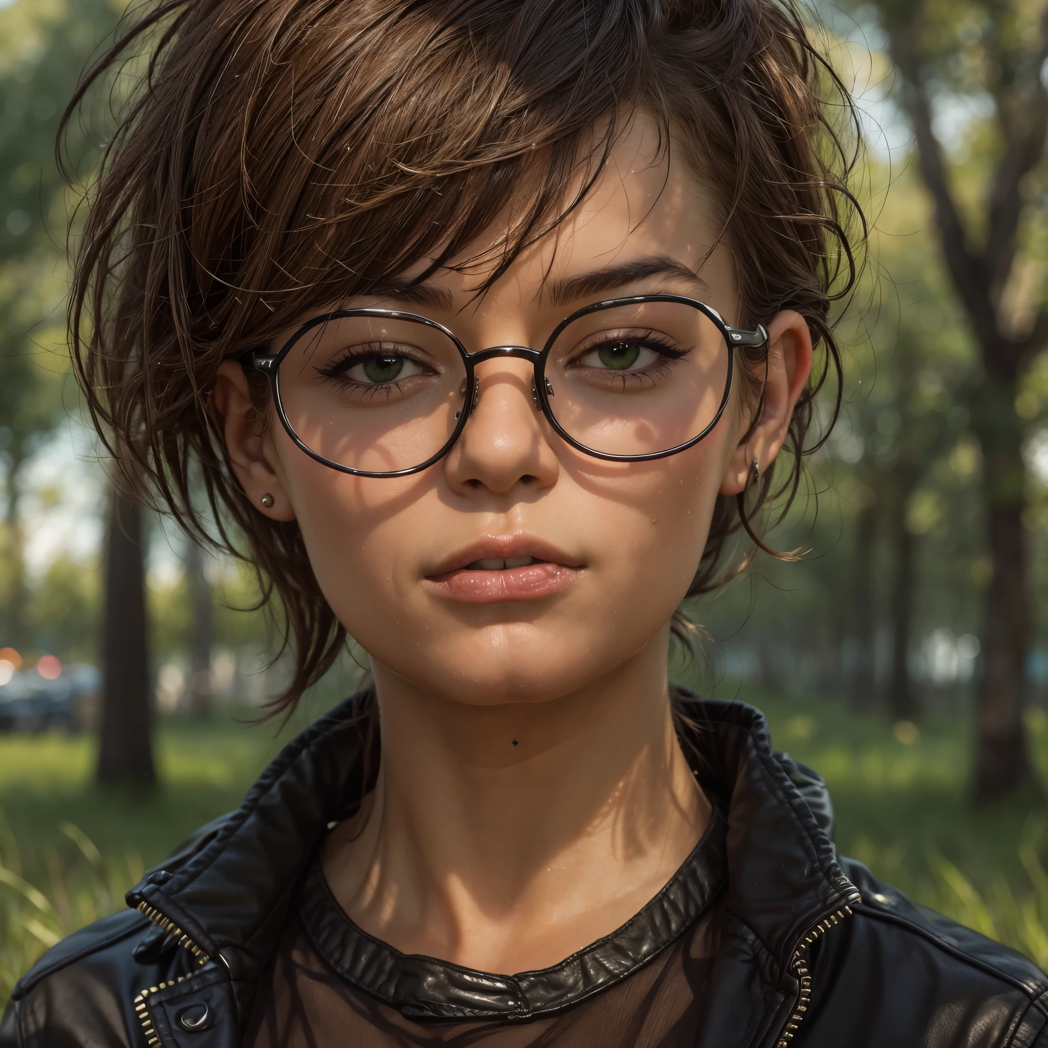 punk girl wearing glasses and a dark shirt, blurred green grass and trees in the background, short brown hair, detailed face, high quality, high resolution