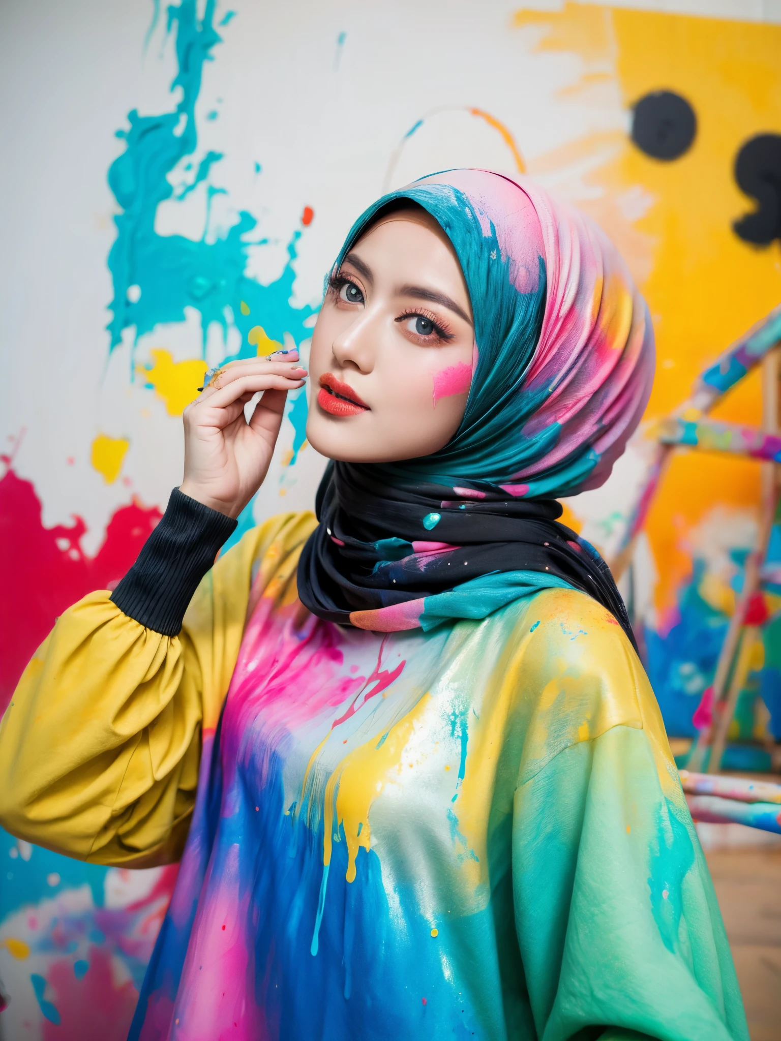 Image Prompt: A stylish woman wearing a dress, covered in spilled colorful paint splatters, set against a backdrop of a splash paint world. The scene is vibrant and playful, with various colors swirling around the woman, creating a dynamic and artistic atmosphere.\n\nPhotography Style: Creative fashion portrait photography\n\nLighting: Colorful and dynamic lighting to enhance the paint splatters and create a lively ambiance\n\nAmbiance: Energetic and artistic, evoking a sense of creativity and expression\n\nImage Size: Large size, capturing the details of the woman's outfit, hijab, and the paint splatters in the background\n\nPrompt: Capture a stylish woman in a hijab and dress, adorned with spilled paint splatters, set in a whimsical and colorful splash paint world, showcasing a fusion of fashion and artistic creativity.