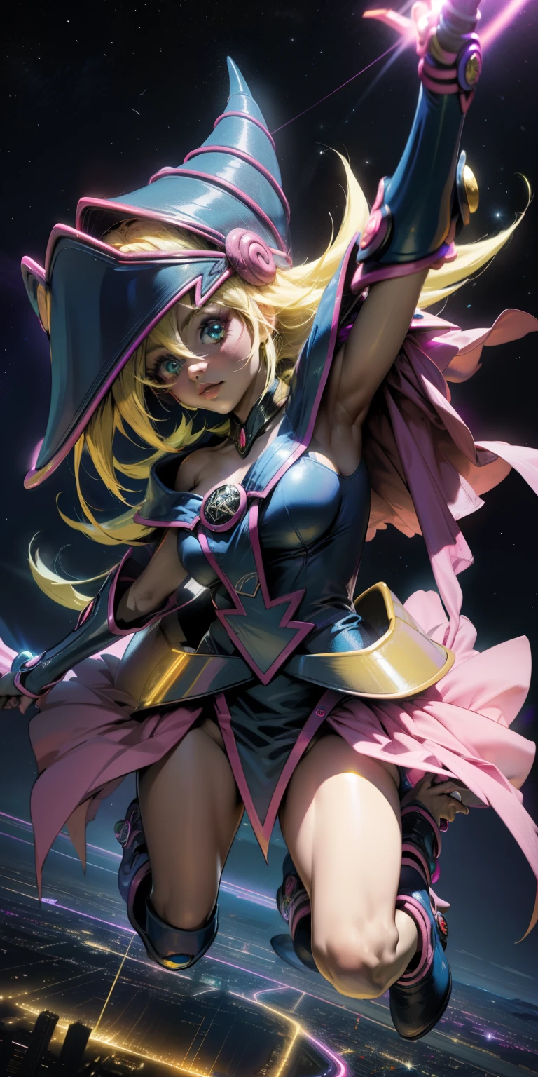 Mujer preciosa dark magician girl ( neon cyberpunk ), The neon sings, neon lighting, RTX chica maga oscura iluminando volando en el aire. Encima de la ciudad a media noches. Luna llena. Cielos de estrellas. Mago oscuro volando