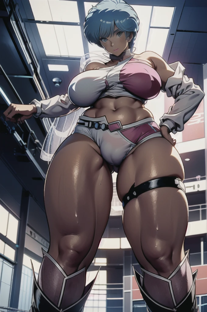 (((​master piece, Pixels are perfect, superfine illustration, top-quality, ​masterpiece, The ultra -The high-definition, Top resolution))), ((1womanl:1.5, solo women:1.5)), (Woman with beautiful anime face:1.3), (very detailed face and eyes:1.2), Looking down:1.5, Spread your legs:1.9, (Standing:1.11), [[Semi-squat position]], (bulge in the crotch area), ((a mature female:1.1)), (huge-breasted:1.4), (bbw:1.3), Curvaceous physique, (White and pink bikini, See-through boots, Aoi), (Low Cut Shorts:1.3), One Shoulder Bikini, Slim white waist belt, short-cut, Light blue hair:1.5, 8 0 s anime art style, Crotch, (From below:1.9), ((flat lighting:1.5, inside in room)),
