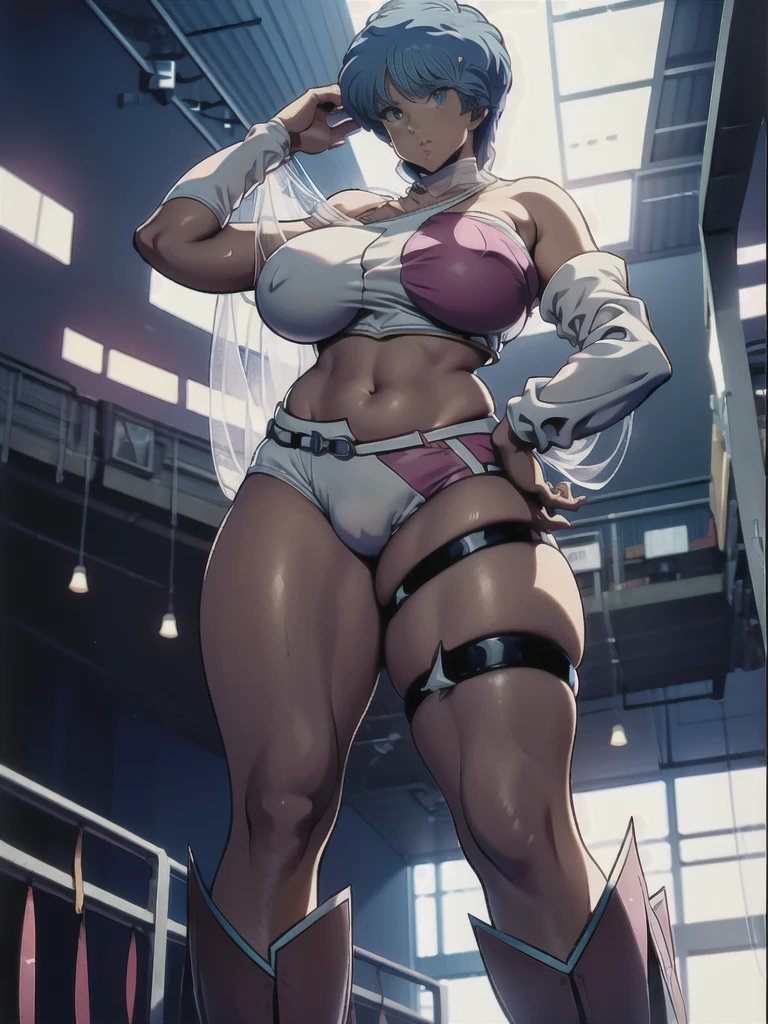 (((​master piece, Pixels are perfect, superfine illustration, top-quality, ​masterpiece, The ultra -The high-definition, Top resolution))), ((1womanl:1.5, solo women:1.5)), (Woman with beautiful anime face:1.3), (very detailed face and eyes:1.2), Looking down:1.5, Spread your legs:1.9, (Standing:1.11), [[Semi-squat position]], (bulge in the crotch area), ((a mature female:1.1)), (huge-breasted:1.4), (bbw:1.3), Curvaceous physique, (White and pink bikini, See-through boots, Aoi), (Low Cut Shorts:1.3), One Shoulder Bikini, Slim white waist belt, short-cut, Light blue hair:1.5, 8 0 s anime art style, Crotch, (From below:1.9), ((flat lighting:1.5, inside in room)),
