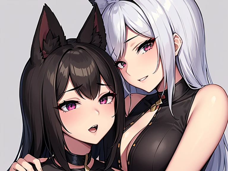 Pareja hombre y mujer, (hombre:1.1, con cuernos rojos:1.3, pelo negro, ojos rojos:1.5, cara masculina), (Mujer loba, pelo gris, ojos rojos:1.5, bonito rostro femenino), obra maestra de anime, high resolution