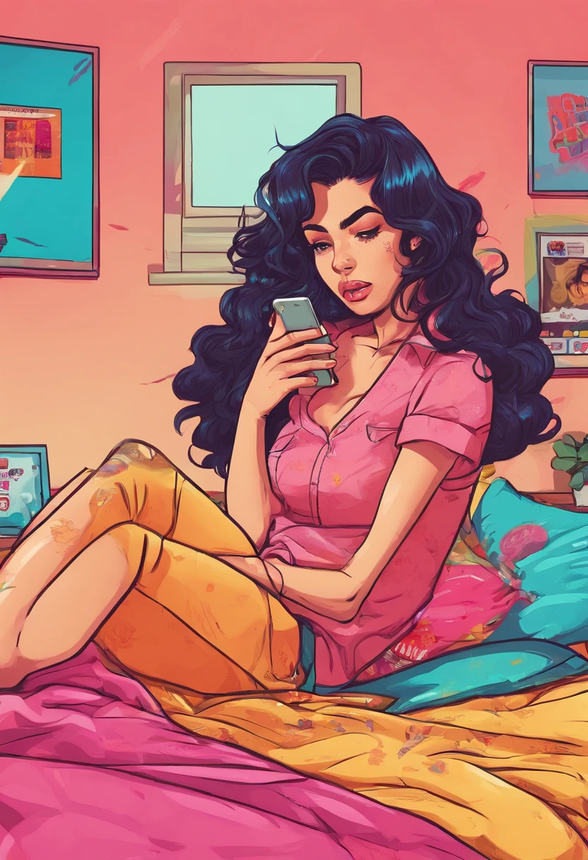 Girl with wavy black hair calling on an iPhone cell phone lying on her bed in small clothes