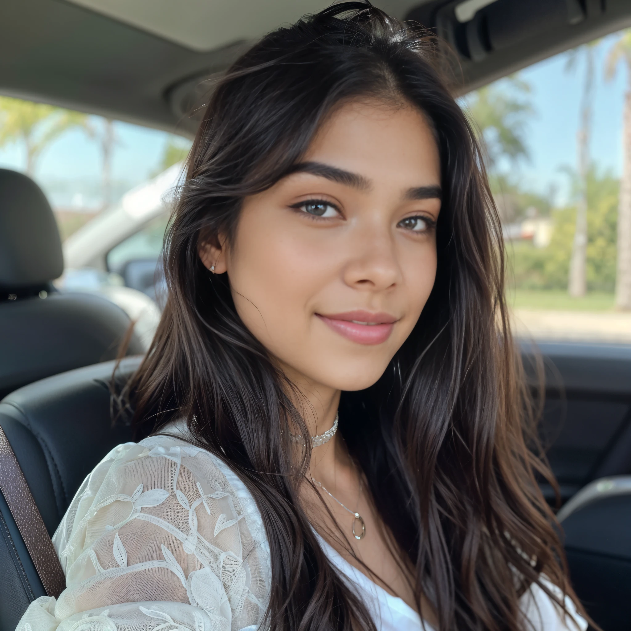 arafed woman in a car with a white shirt and a black purse, kailee mandel, violet myers, madison beer, gorgeous latina face, dua lipa, young woman with long dark hair, she is about 18 years old, 19 years old girl, 18 years old, madison beer girl portrait, julia sarda, smiling face girl, smiling girl, smiling photo, smiling woman, smiling face woman