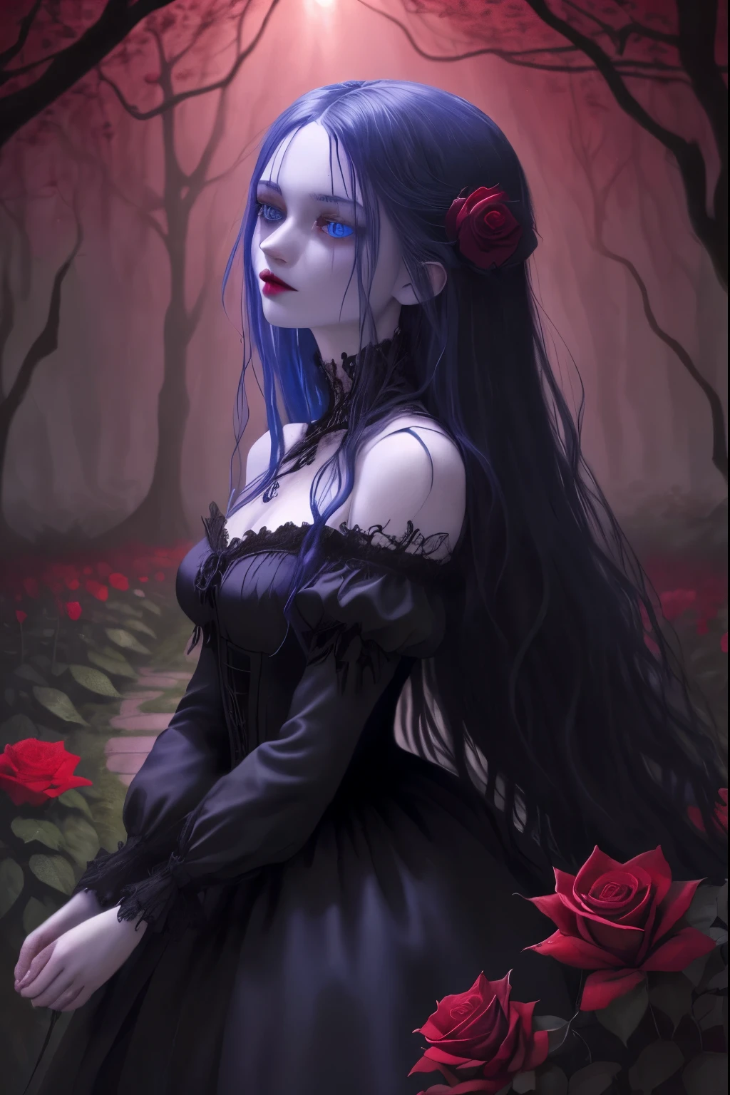 A girl with flowing midnight hair holding a bleeding rose in a mysterious garden, surrounded by ethereal mist. The girl's vivid blue eyes are filled with sorrow, contrasting with her porcelain skin and ruby red lips. The rose, once vibrant and crimson, now with each passing moment, drips blood-like droplets that stain the ground beneath her delicate feet. The garden is filled with enchanting flora, their vibrant colors intensified by the moonlight streaming through the canopy of trees. The atmosphere is both haunting and captivating, with an otherworldly blend of darkness and beauty. The scene is captured with the highest quality and resolution, showcasing every intricate detail, from the intricate petals of the rose to the delicate texture of the girl's dress. The artistic style is reminiscent of a gothic oil painting, with dramatic lighting and rich, deep hues.