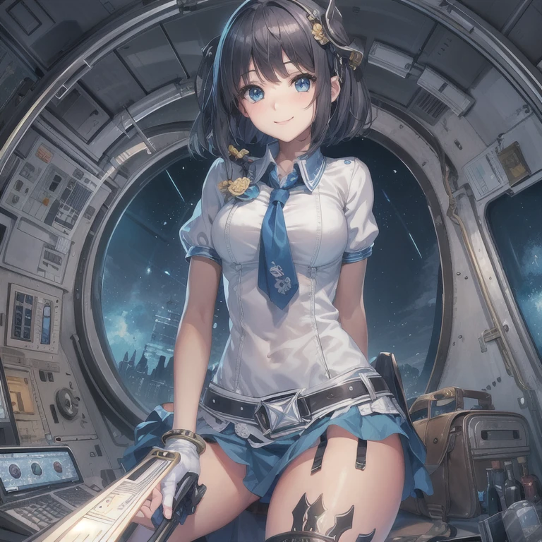 2D, masterpiece, highest quality, anime, highly detailed face, highly detailed eyes, highly detailed background, perfect lighting, cowboy shot, 1 girl, alone, Aki Rosenthal, collared dress, short dress, short sleeve, blue jacket, black stockings, peeled hair, long hair, low twin tails, bob cut, tie, headgear, white gloves, elbow bag, wide hips, smile, Are standing, inside of spaceship