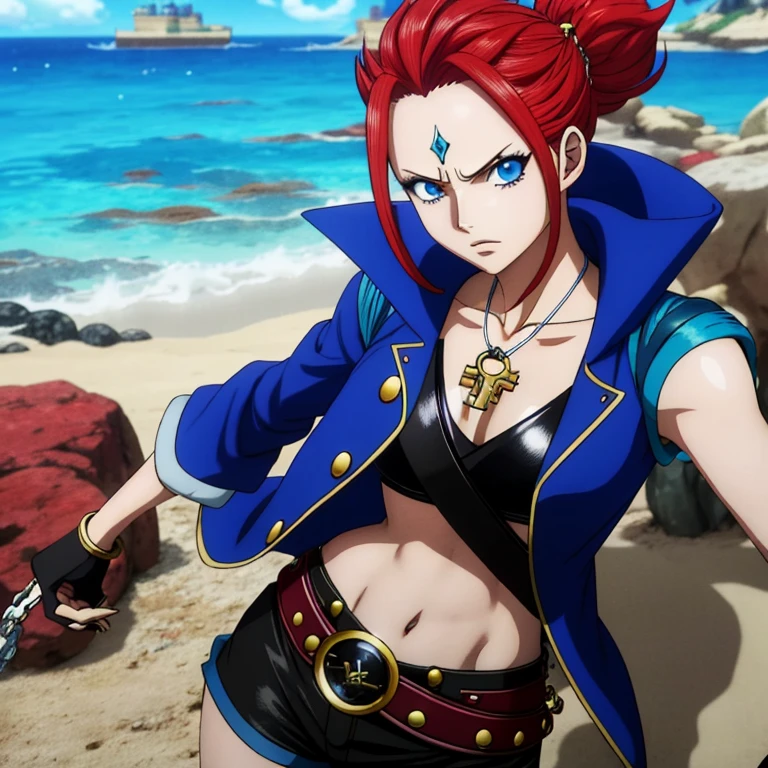 Personnages d&#39;anime avec un triton bleu, une femme aux longs cheveux noirs et aux yeux marrons, manteau rouge, Badass Anime 8K, anime, Focus on key art anime, chave visuel, conceito chave visuel do anime, chave visuel do anime", 2 0 2 1 animated, official visual of the key&#39;anime, chave visuel anime, Epic anime style, 2 jours cg |, anime de alta qualidade pirates, beau, pirates,