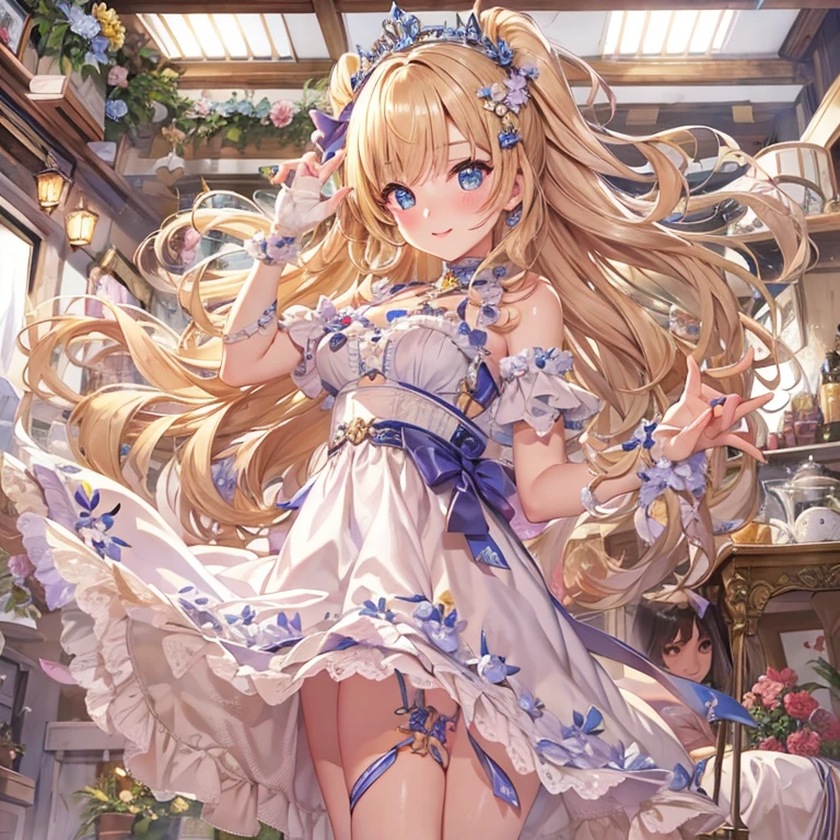 highest quality,very detailed,masterpiece,Super detailed,figure,blonde hair ,hair ornaments,stand,indoor,Unbelievably_disorganized,1 girl,Medium chest,blush your nose ,realistic,long hair,summer_dress,garter strap,beautiful girl,sv98 waving