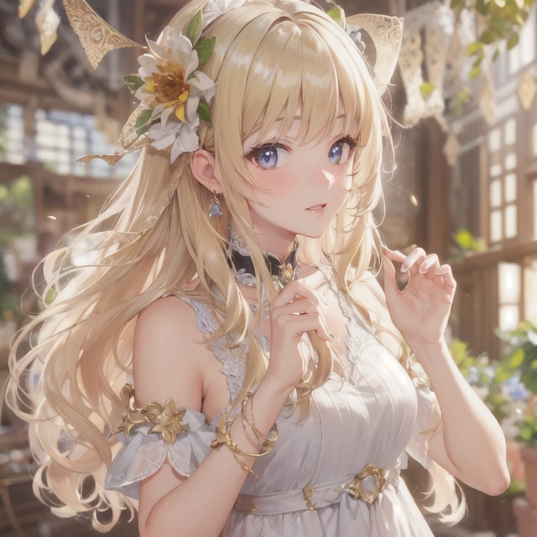 highest quality,very detailed,masterpiece,Super detailed,figure,blonde hair ,hair ornaments,stand,indoor,Unbelievably_disorganized,1 girl,Medium chest,blush your nose ,realistic,long hair,summer_dress,garter strap,beautiful girl,sv98 waving