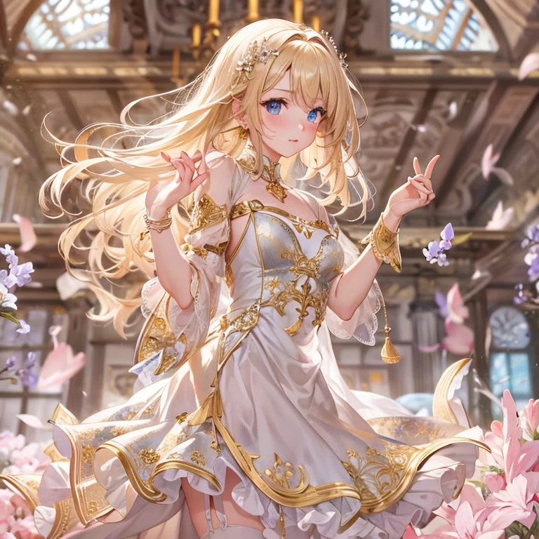 highest quality,very detailed,masterpiece,Super detailed,figure,blonde hair ,hair ornaments,stand,indoor,Unbelievably_disorganized,1 girl,Medium chest,blush your nose ,realistic,long hair,summer_dress,garter strap,beautiful girl,sv98 waving