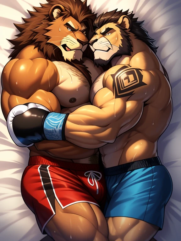Duo male fighters(Muscle Brown Lion vs Muscle black Lion, handsomes, Thick eyebrows), beso gay((Cuddling embraced lying down body with body in a bed)(cuddling body frottage)), hot(Full body, shirtless), handsomes(They are handsomes, correct anatomy), musculosos(Big muscle bodies, Six packs, muscle abs, big pecs), sweaty(very sweaty wet bodies), tatuajes(they have tattoos), Angry(They have an angry expression), Boxing gloves(They both are wearing boxing gloves), boxers(They are wearing shorts boxers), Hight resolution
