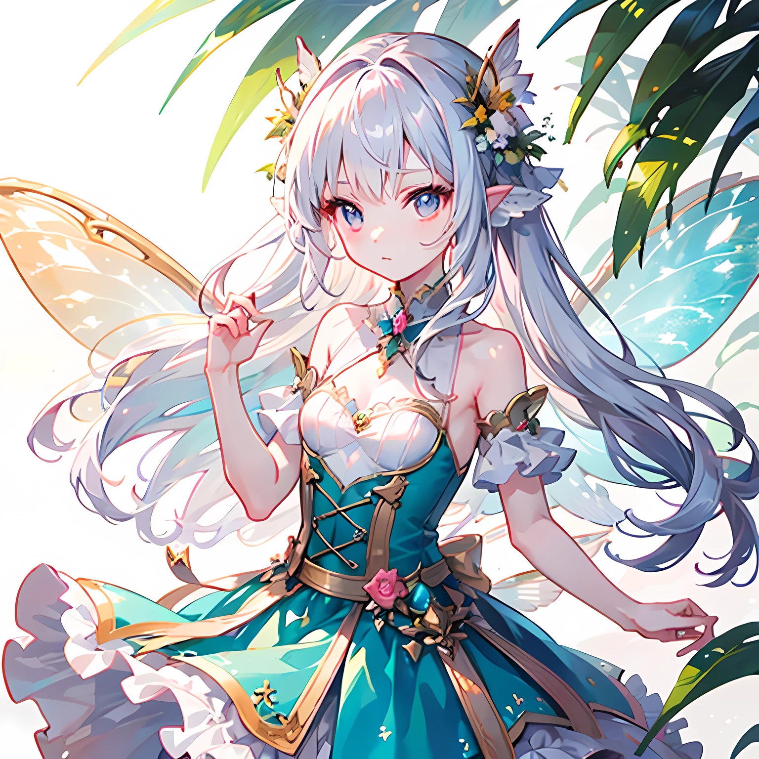 Small fairy girl standing in the palm of a human girl’s hand. Small pretty delicate wings on fairy, medium pale hands, human face in frame.