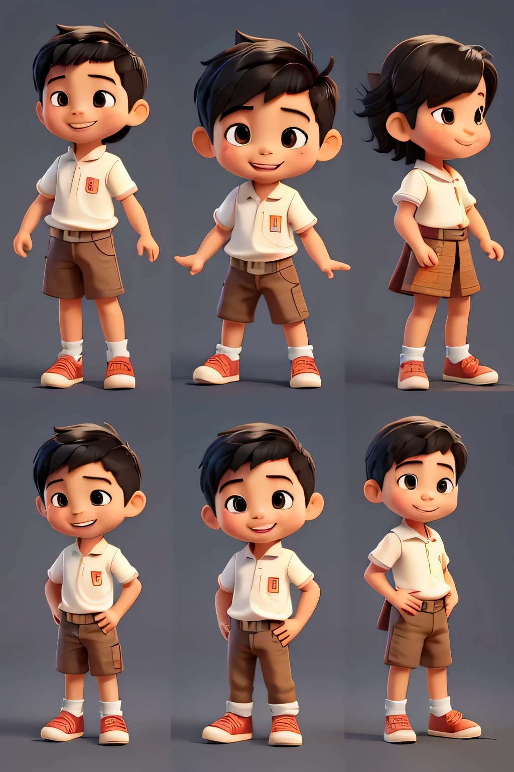 change full body character of a asian kid w various poses and expressions happy, smiling and laughing