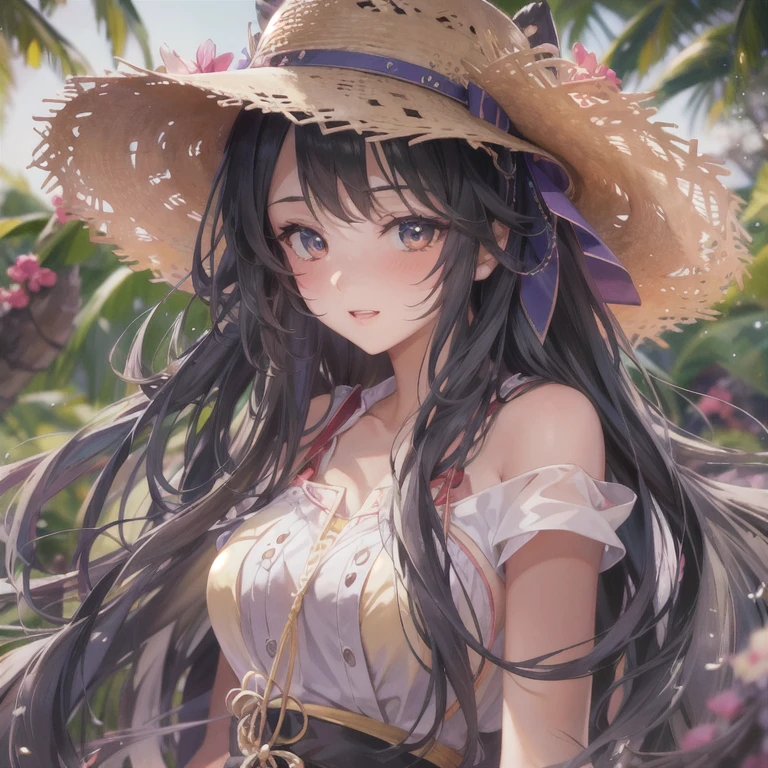 Anime girl with long black hair wearing a straw hat, anime style 4k, beautiful anime portrait, anime moe art style, anime art wallpaper 4k, anime art wallpaper 4k, High quality anime art style, anime style portrait, Gweiz, artwork in the style of Gweiz, detailed digital anime art, anime art wallpaper 8k, cute anime girl portrait