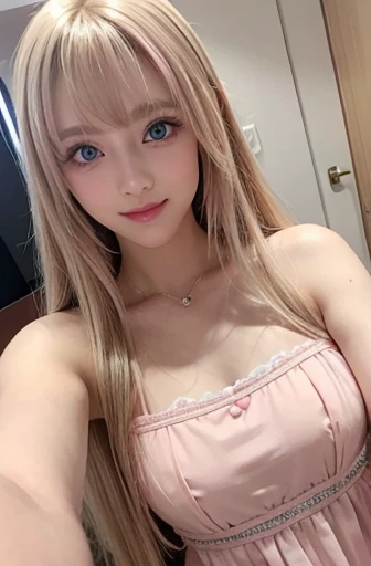 mary rose、blond、Half-length photo、((Cute pink dress))、Very beautiful Swedish 16 year old pretty girl、shiny skin、white skinned、a smile、beautiful bangs、long and straight，絲般美麗的白金blond女郎、shiny hair、Extra long straight hair、Eyeliner、a small face、big breasts、 crystal clear ocean blue eyes，Shining with beauty、beautiful and smart girl、Take a selfie in the room、Looking to the future