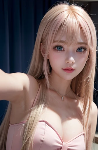 mary rose、blond、Half-length photo、((Cute pink dress))、Very beautiful Swedish 16 year old pretty girl、shiny skin、white skinned、a smile、beautiful bangs、long and straight,絲般美麗的白金blond女郎、shiny hair、Extra long straight hair、Eyeliner、a small face、big breasts、 crystal clear ocean blue eyes,Shining with beauty、beautiful and smart girl、Take a selfie in the room、Looking to the future