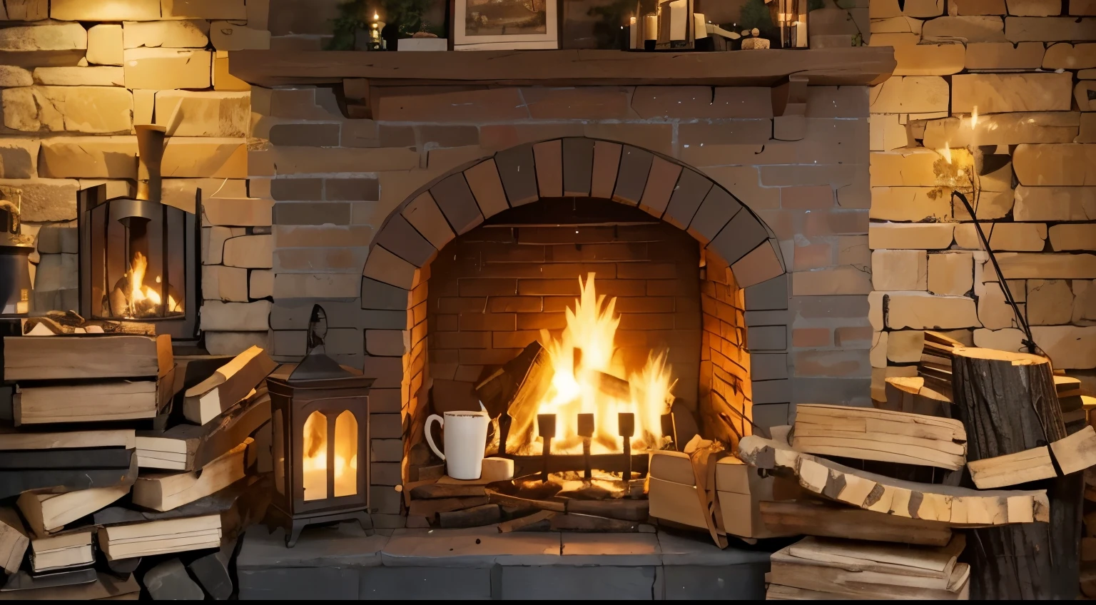 a cozy adorned woooden fireplace, pile of firewood aside,a cup of coffee aside, a cozy and warm ambience, old brick wall