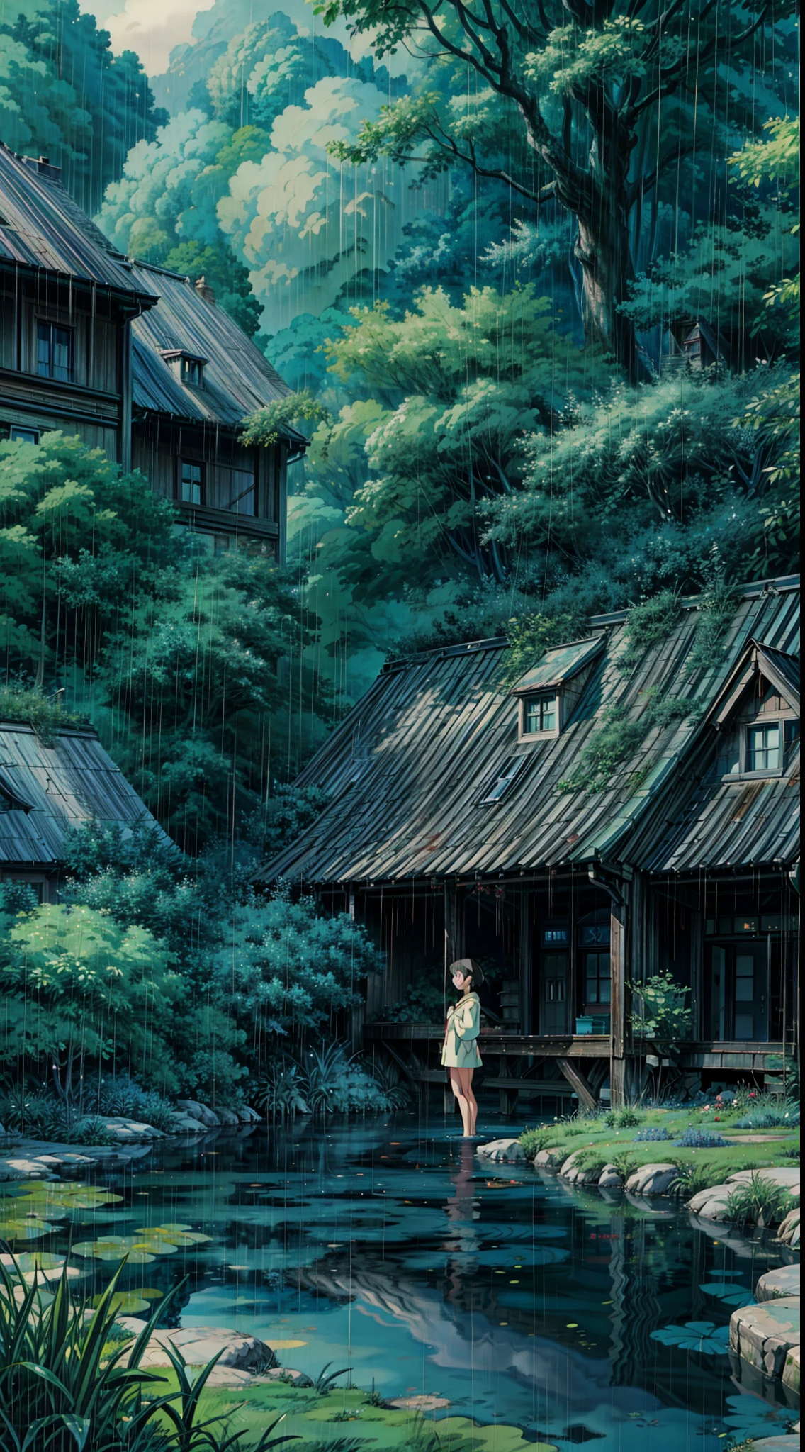 a painting of a pond surrounded by plants, rain aesthetic, still from studio ghibli, studio ghibli anime screenshot, lofi feel, moody :: studio ghibli, lofi aesthetic, from the studio ghibli film, stormy weather. makoto shinkai, studio ghibli movie still, lofi vibe, cinematic studio ghibli still, studio ghibli environment, studio ghibli still, lofi hip hop, studio ghibli painting, studio glibly makoto shinkai, cinematic studio ghibli still, studio ghibli smooth concept art, studio ghibli movie still, studio ghibli environment, ( ( makoto shinkai ) ), in the studio ghibli anime film, studio ghibli and shinkai makoto, 4k hd,, beautiful art uhd 4 k, a beautiful artwork illustration, beautiful digital painting, highly detailed digital painting, beautiful digital artwork, detailed painting 4 k, very detailed digital painting, rich picturesque colors, gorgeous digital painting, no human