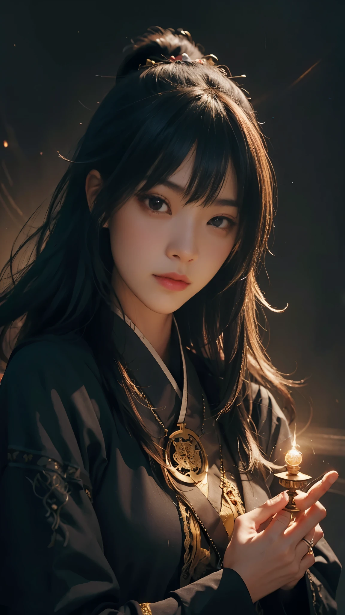 Draw Kuten Genjo。She reads fortunes based on the ancient worldview of I Ching, holding a glowing compass in her hand.。The space around her is filled with fantastic and mysterious light.、There&#39;s a slight mist in the air。