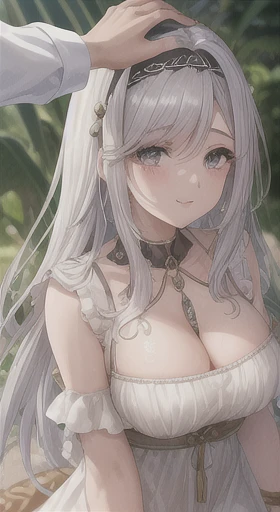 obra de arte, Melhor qualidade, super fine illustration, ultra-high resolution ultra-detail, TF_prata_, pet, HeadpatPOV, pov, headband, corar, sorriso leve, olhando para o espectador, de cima, 1 garota, , seios pequenos, olhos cinzentos, cabelo grisalho, ((cicatriz de queimadura)), cicatriz no rosto, brown dresser behind, vestido marrom ombro a ombro esfarrapado, Wariza, clavicle, quarto de madeira, coxas, quarto decadente, cabelo medio