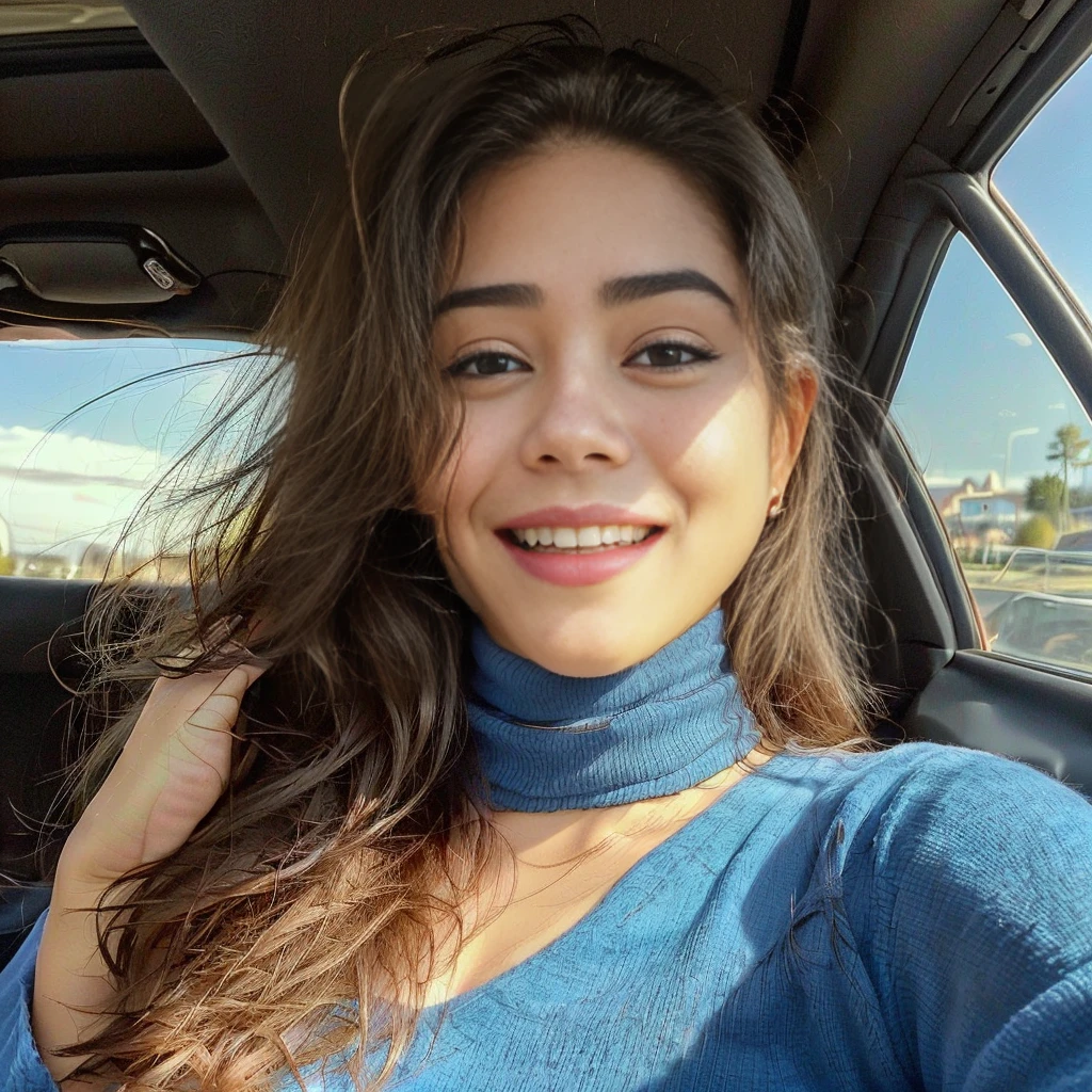 araffe woman in a blue top sitting in a car, madison beer, sitting in her car, gorgeous latina face, pokimane, violet myers, 8k selfie photograph, madison beer girl portrait, kailee mandel, :: madison beer, selfie, soft devil queen madison beer, alanis guillen, jaw dropping beauty, driving, gorgeous lady, arian mark, smiling face girl, smiling girl, smiling photo, smiling woman, smiling face woman, happy girl, hapiness