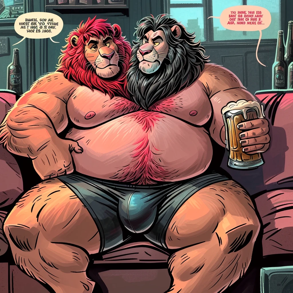 solo, (lion), two heads one body, (adult male, 50 year old male, (detailed eyes:1.2, cartoon eyes), (by dramamine, by disney), (burly, manly, beefy, obese, red hair, black hair)), garage background, (shirtless, black athletic shorts, bulge), correct hands, (yellow eyes, correct eyes, detailed eyes), (ultradetailed, best quality, detailed masterpiece, highly detailed masterpiece, 4k, professional cartoon), ((natural pose:1.3, sitting on couch:1.3, annoyed faces:1.3, holding beer bottles:1.3, eye contact:1.6)), (((dadbod))), ears, ((talking:1.3, speech bubbles:1.3))