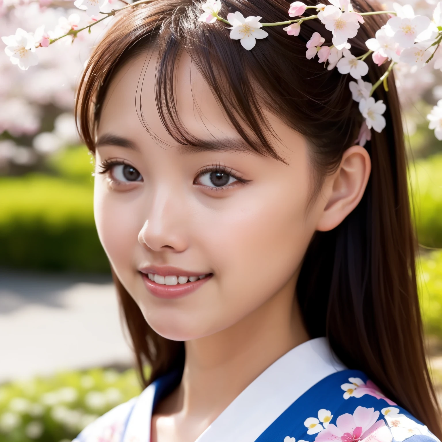 (best quality,realistic), (portrait), (Japanese,geisha), (18 years old,youthful), (beautiful detailed face,smooth skin),(perfect proportion),(neatly arranged hair),(hairpin,hair accessory), (stunning cherry blossom patterned kimono), (furisode), (gorgeous obi), (looking at the camera), (Okayama Prefecture's Koraku-en Garden's cherry blossoms), (in full bloom), (breathtaking cherry blossoms)