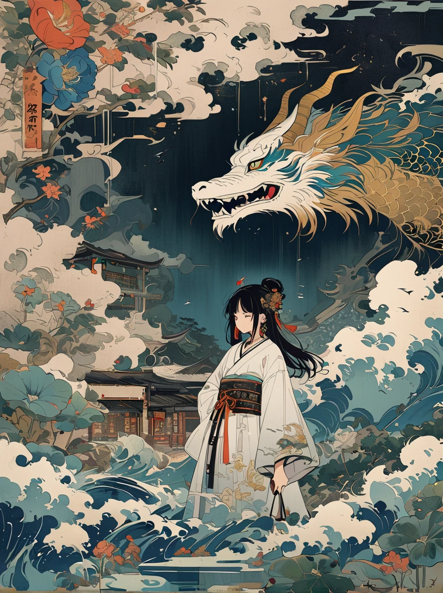 A Chinese style mural with an ancient silver dragon and a girl wearing white Hanfu in the center of the composition surrounded by clouds and mist floating on dark blue sea waves . The character ' s expression is serious and mysterious , adorned with exquisite jewelry such as earrings , necklaces , rings , bracelets , flowers and ribbons . In front of her lies a small boat filled with moonlight shining through clouds . It features flat illustrations in the style of colorful woodcut prints , with a dark gold black white gray green color scheme in the style of Chinese punk and flat painting . Highly detailed .
