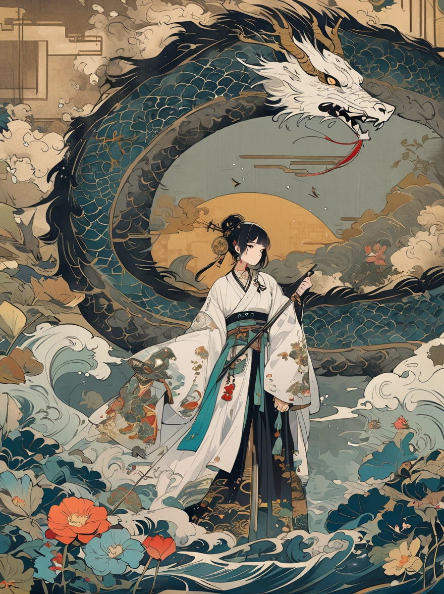 A Chinese style mural with an ancient silver dragon and a girl wearing white Hanfu in the center of the composition surrounded by clouds and mist floating on dark blue sea waves . The character ' s expression is serious and mysterious , adorned with exquisite jewelry such as earrings , necklaces , rings , bracelets , flowers and ribbons . In front of her lies a small boat filled with moonlight shining through clouds . It features flat illustrations in the style of colorful woodcut prints , with a dark gold black white gray green color scheme in the style of Chinese punk and flat painting . Highly detailed .