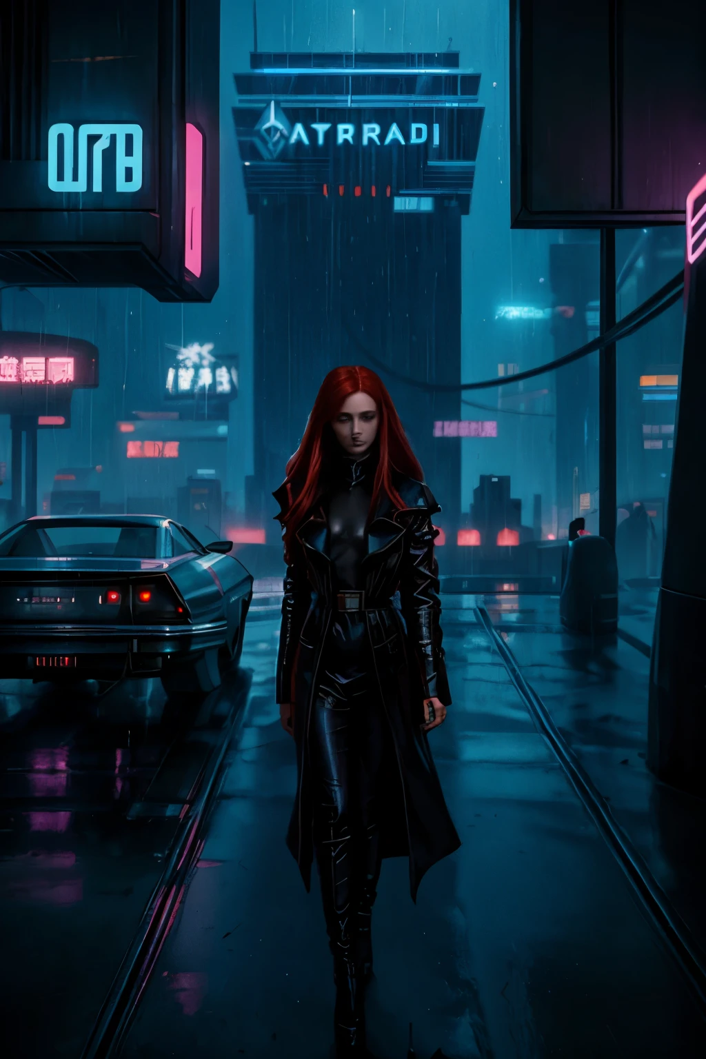 In the movie still from Blade Runner, set in the Year 1982, the Tyrell Corporation's advanced office complex stands tall against the backdrop of a neon-lit metropolis, designed by the visionary Syd Mead. The cityscape is a blend of modernity and dystopia, with towering structures casting long shadows on the rain-soaked streets.

Amidst the futuristic setting, a woman with a noble and beautiful presence, dressed in dark, stylish clothes, enters the luxurious and dimly lit lobby of the Tyrell Corporation. Her long, messy red hair frames her round, radiant face, and her pale skin contrasts against the