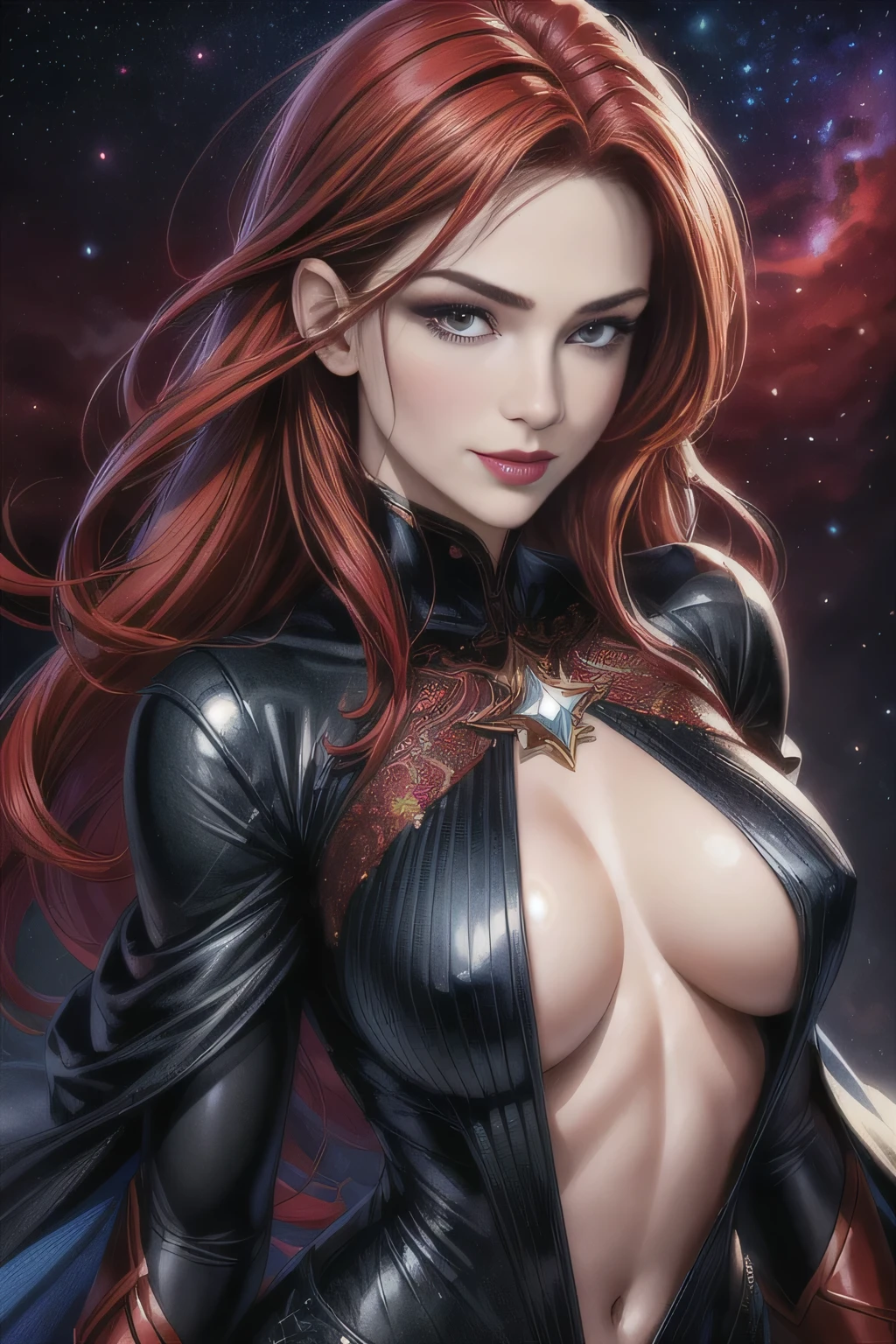 (portrait shot, ((vivid red hair)), european face, sexy, mature woman, 30 years old, diamond face, moonlight, red starry sky background, depth of field, magic, big red lips, ((dark black eyes)) black and red long and full clothes, covered chest, mystical atmosphere, ominous shadows, Intense blue aura, Intense red aura (best quality:1.2), absurdres, intricate details, (highly detailed skin:1.2), smile expression, posing, taut and well defined body, attractive. Highly realistic, pale skin, beautiful, hyperrealism, skin very elaborated, direct gaze
