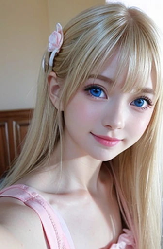 mary rose、blond、Half-length photo、((Cute pink dress))、Very beautiful Swedish 16 year old pretty girl、shiny skin、white skinned、a smile、beautiful bangs、long and straight,絲般美麗的白金blond女郎、shiny hair、Extra long straight hair、Eyeliner、a small face、big breasts、 crystal clear ocean blue eyes,Shining with beauty、beautiful and smart girl、Take a selfie in the room、Looking to the future