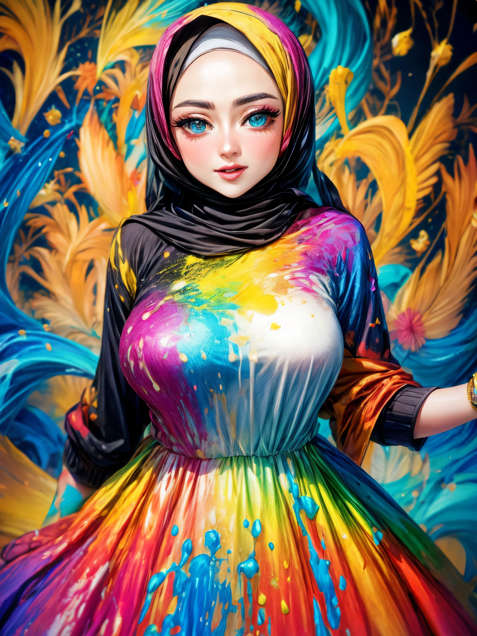 Image Prompt: A stylish woman wearing a hijab and a dress, covered in spilled colorful paint splatters, set against a backdrop of a splash paint world. The scene is vibrant and playful, with various colors swirling around the woman, creating a dynamic and artistic atmosphere.\n\nPhotography Style: Creative fashion portrait photography\n\nLighting: Colorful and dynamic lighting to enhance the paint splatters and create a lively ambiance\n\nAmbiance: Energetic and artistic, evoking a sense of creativity and expression\n\nImage Size: Large size, capturing the details of the woman's outfit, hijab, and the paint splatters in the background\n\nPrompt: Capture a stylish woman in a hijab and dress, adorned with spilled paint splatters, set in a whimsical and colorful splash paint world, showcasing a fusion of fashion and artistic creativity.