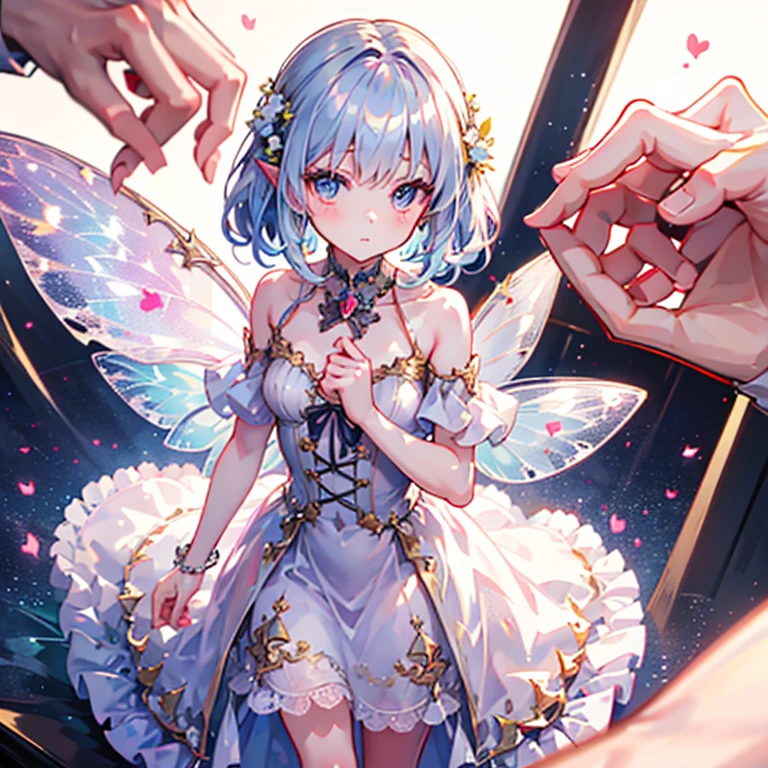 Tiny fairy girl standing in the palm of a human girl’s hand. Small pretty delicate wings on fairy, human face in frame.