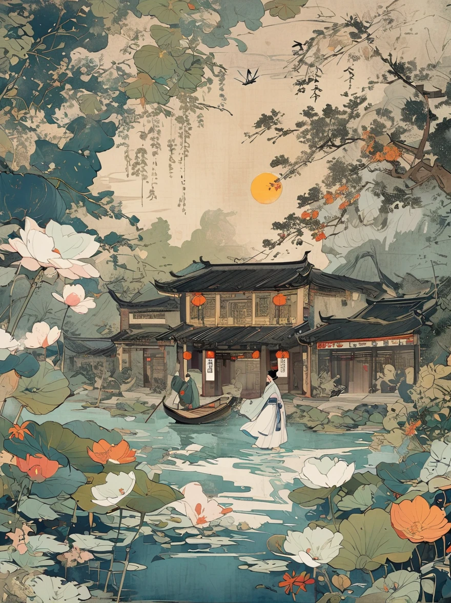 A Chinese style mural,In the center of the picture is an ancient silver dragon and a girl wearing white Hanfu.,Clouds and mist floating on the deep blue ocean waves。The character's expression is serious and mysterious,Wearing earrings、necklace、ring、bracelet、Beautiful decorations such as flowers and ribbons。Before her lay a boat,Full of moonlight passing through the clouds。It features flat illustrations in the style of color woodblock prints,Dark gold black white gray green color scheme and planes in Chinese punk style。Very detailed。
