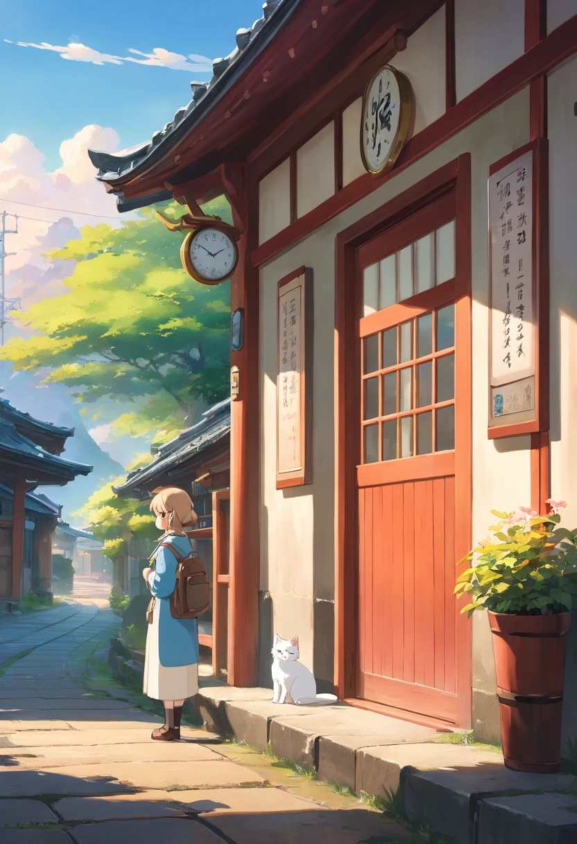 (8K、Raw photo、highest quality、look up:1.2、masterpiece:1.2、genuineistic、ultra high resolution、high contrast、photon mapping、genuine、Super detailed、official art, Raw photo、professional lighting、 light、Vivid atmosphere、twicelight) This scene is、It depicts an old wooden train station in the countryside exposed to the morning sun in spring.。The station building seems to have been forgotten, giving a sense of nostalgia.、There is silence and calm。 On the station platform、There is a girl and a white kitten。The white kitten sits under the door with the clock、Watching over the station premises。This scene is、Reminiscent of a rural Japanese town、The atmosphere is tranquil, as if it were located near a Japanese shrine.。 The girl&#39;s expression is young.々work、Delicate、I am embarking on a new journey amidst a station building and scenery that remind me of nostalgic memories.。A white kitten watches over the premises like a stationmaster.、It seems like they are celebrating the girl&#39;s departure to a new stage.。 This scene is、The beautiful scenery and tranquil atmosphere of the Japanese countryside are combined.、It will give the viewer a sense of comfort and warmth.