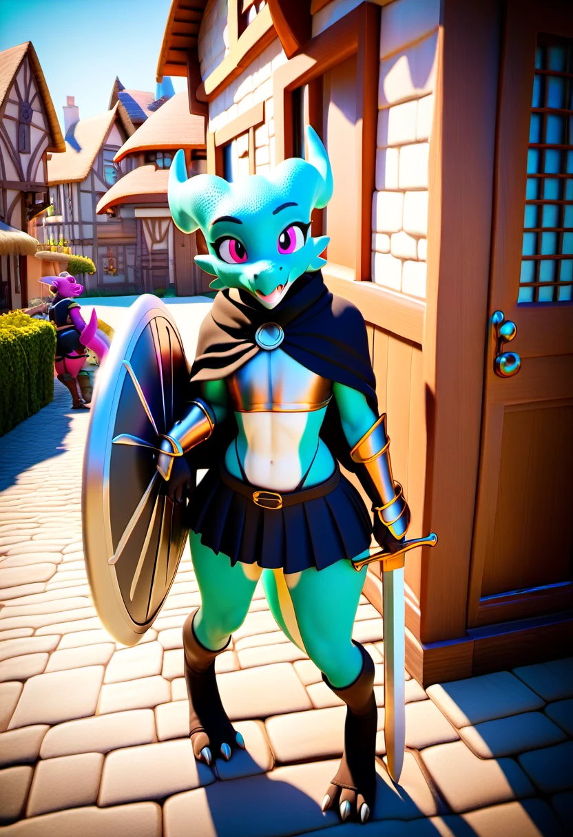 score_9, score_8_up, score_7_up, score_6_up, score_5_up, score_4_up, male, anthro, kobold, feminine kobold, femboy kobold, knight, teal scales, pink eyes, medieval, medieval town, breastplate, gorget, cuisses, black cloak, greatsword, leaning on sword, black cloth pleated microskirt, midriff, black thigh high socks, black elbow-length gauntlets, high rise thong, view from behind, presenting butt, black high-heel knee-high plate boots, skimpy clothing, absolute territory, night time, full-body picture, pigeon-toed