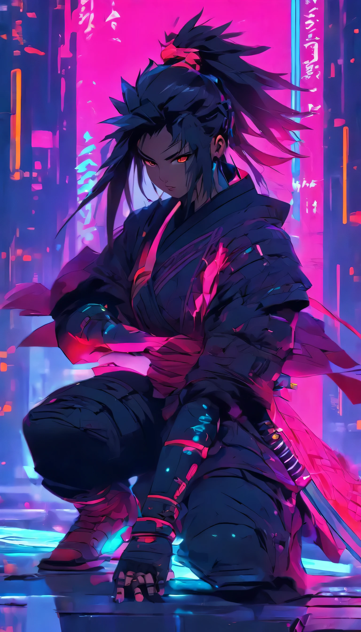 a woman kneeling down with a sword in her hand, very beautiful cyberpunk samurai, anime cyberpunk art, cyberpunk samurai, cyberpunk anime art, anime cyberpunk, cgsociety 9, digital cyberpunk anime art, style of maciej kuciara, female cyberpunk anime girl, artwork in the style of guweiz, digital cyberpunk - anime art, cyberpunk streetwear, cyberpunk techwear.2.5D .Korean girl.Shinobi .ninja cyberpunk.
