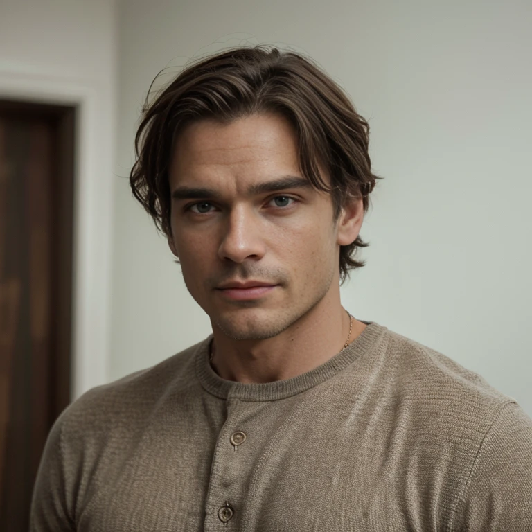 homem jovem, 26 anos de idade, com cabelo castanho escuro curto, olhos verdes cativantes, pele clara, rosto perfeito, corpo escultural e musculoso, tem um rosto parecido com o do ator Matthew Bomer, is doing a photo shoot, parece um artista de cinema. He is wearing a modern casual look.