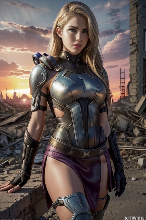 Emily Bett Rickards、lying down、torn suit、I'm wearing a skirt、masterpiece, 1 girl, マーベルのサイロックとしてbeautiful女性, X-Men Psylocke Cosplay、purple suit、Fine and delicate features, futuristic new york background, Science fiction, blonde, super heroine, heroic, perfect balance, photograph, 超realistic, masterpiece, 8k, large format camera, 110mm lens, dynamic lighting, rim lighting、official art, extremely detailed CG 8K wallpaper, perfect lighting, De color, bright_amount_method_light, piel bright, (masterpiece:1.0), (Better_quality:1.0), ultra high resolution, 4k , Super detailed, director of photography, 8K, HDR, Altas Resolightones, (confused:1.2), kodak portrait 400, film grain, blurred background, (Bokeh:1.2), Lens flare, (lively_color:1.2), プロのphotograph撮影, (beautiful_method:1.5),More detailed 8K.unreal engine:1.4,Hmm,La Better calidad:1.4, realistic:1.4, skin temperature:1.4, masterpiece:1.8,masterpiece, Better calidad,object object], (detailed facial features:1.3),(Anti-sedentary apocalyptic destroyed city:1.4), (Apocalyptic Sunset:1.4)