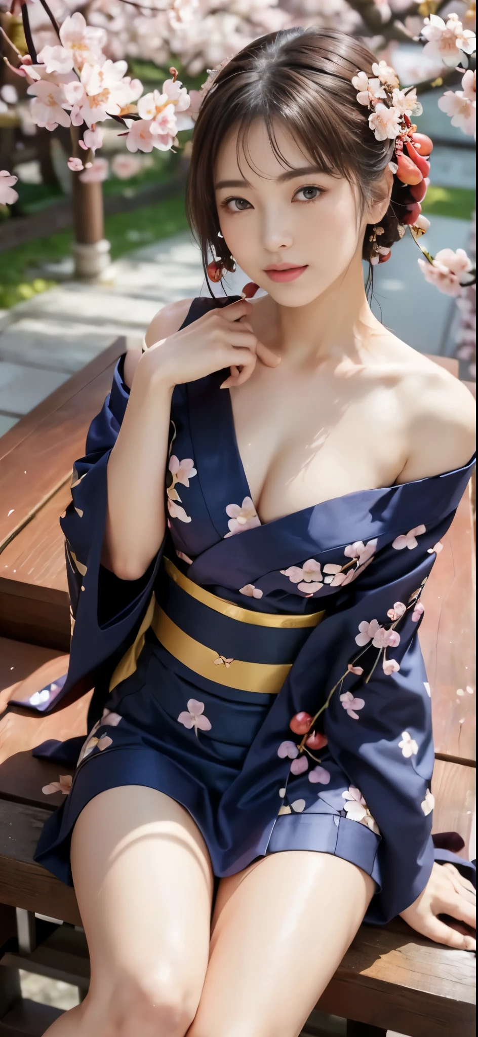 (best quality, 8K, At 32K, muste piece, ticker:1.Hotou of glamorous Japanese women, 1 girl, (Slender body shape, perfect body :1.2), medium short hair: 1.1,  (Indian Earl, night time :1.2), Lying naked on the bed wearing a kimono, Super-detailed face, detailed lip, detailed eyes, double eyelid