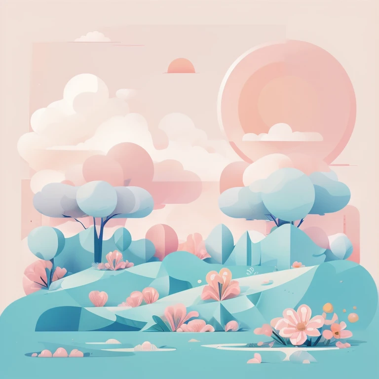 Abstract and very minimal vector designs using visual and geometric elements that evoke the spring season in two dimensions and using pastel colors with a pink tone. It must be two-dimensional and vector mode visible.