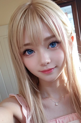 mary rose、blond、Half-length photo、((Cute pink dress))、Very beautiful Swedish  pretty girl、shiny skin、white skinned、a smile、beautiful bangs、long and straight，絲般美麗的白金blond女郎、shiny hair、Extra long straight hair、Eyeliner、a small face、big breasts、 crystal clear ocean blue eyes，Shining with beauty、beautiful and smart girl、Take a selfie in the room、Looking to the future