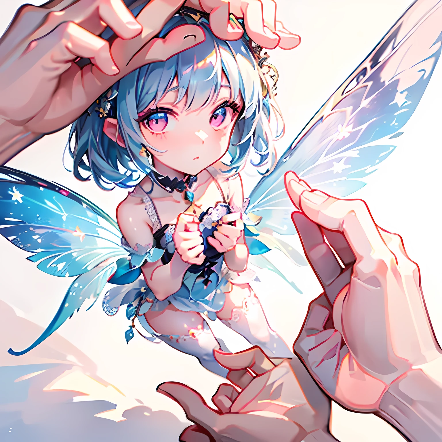 Tiny fairy girl standing in the palm of a human girl’s hand. Small pretty delicate wings on fairy, human face in frame. Small fairy girl on human hand.