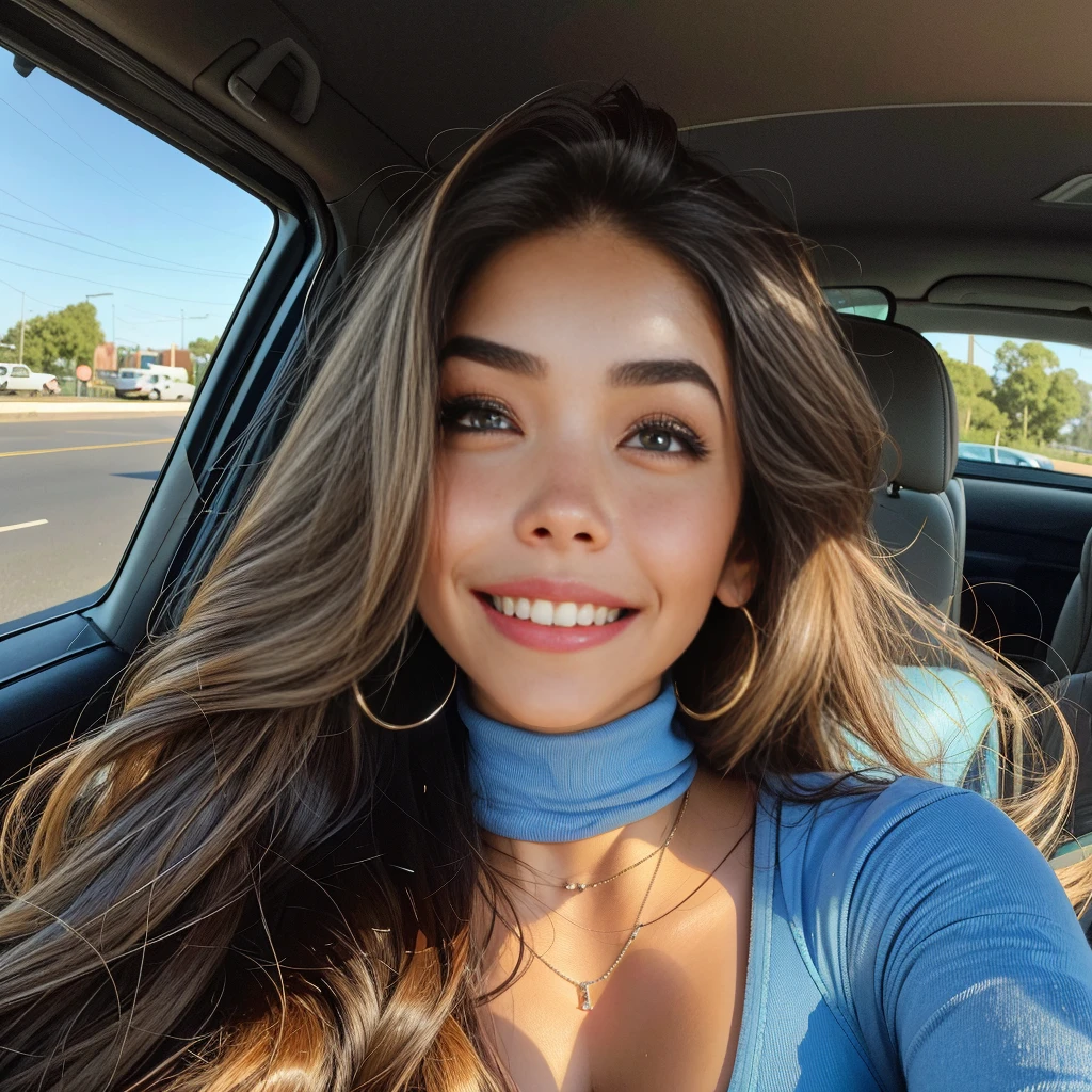 arafed woman in a blue shirt sitting in a car, madison beer, beautiful latina face, soft devil queen madison beer, sitting in her car, madison beer girl portrait, :: madison beer, The nod, 8k selfie photograph, instagram model, stunning beauty, selfie, with long hair and piercing eyes, 1 / 2 head shots, driving, smiling face girl, smiling girl, smiling girl, smiling photo, smiling woman, smiling face woman, happy face girl, happy face woman, happy face woman, hapiness