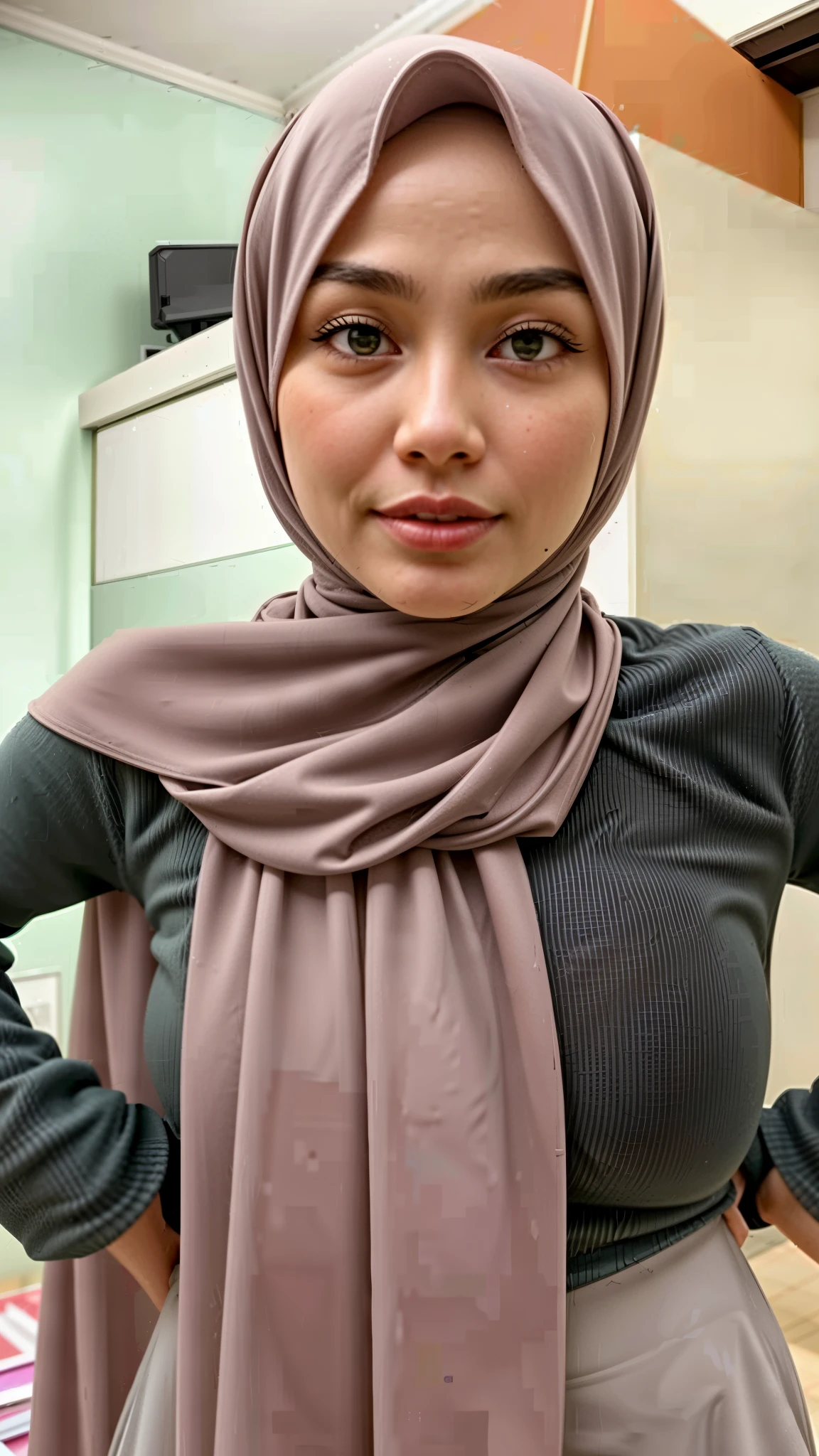 masterpiece, (ultra-high-definition portrait, vignet:1.4), Realistic, extremely detailed, CG unified, 8k, Clean lines, highly detailed, High-definition, raw color photos, Realistic portrait, Cinematic Light, Beautiful detailed, (1hijabgirl, indonesian:1.5), (165cm tall, big breasts with lips like she wants to kiss:1.5), Beautiful big breasts, breasts details, very tight, (Biggorgeous breast, Glance side eye:1.5), (Soft smiling, Big Breast:1.4), Close up of a girl in Beautiful clothes with errected nipple, biggorgeous breast, Smiling, scarf, (Bombastic Side Eyes with curvaceous body:2), pose 4 of 1 6, Undress, No bra, (nipples that are clearly sticking out detail:1.2), Outdoors, high intricate detailed.